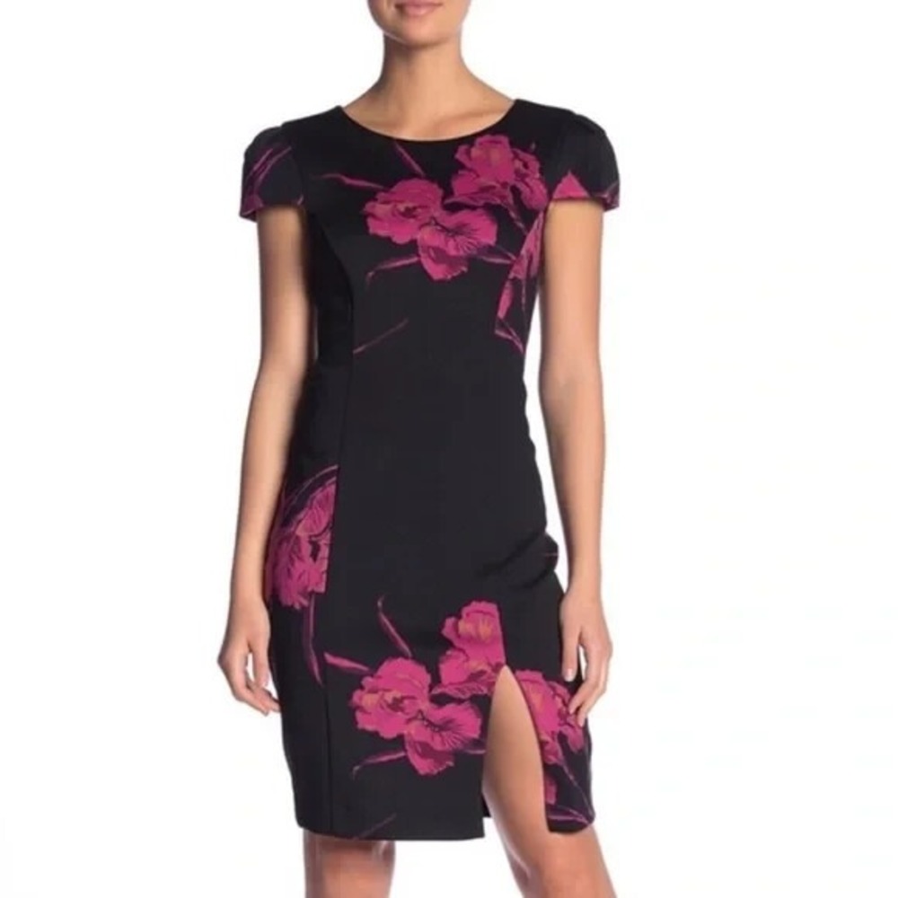 Betsey Johnson Black and Pink Bold Floral Print‎ Scuba Midi Sheath Dress Size 8